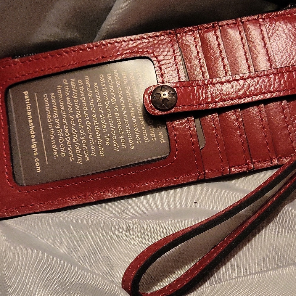 Patricia Nash Alanna Berry Red Leather Wristlet credit Card Holder with Strap Ha - Picture 2 of 5